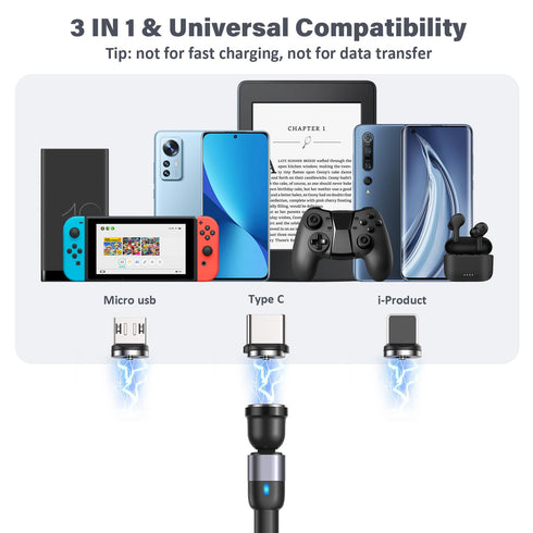 4 Pack Magnetic Charging Cable (3.3ft/6.6ft/6.6ft/10ft) - 540 Rotating, 3-in-1 Nylon Braided for Micro, Type C,