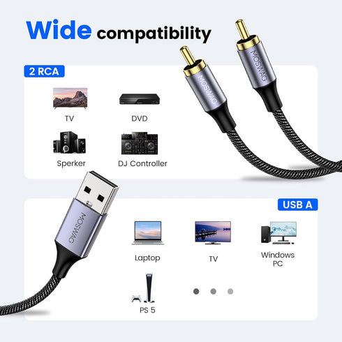 MOSWAG USB to RCA Cable, USB to Dual RCA Stereo Y Splitter Cord Jack Adapter, Nylon Braided USB to RCA Stereo Audio Converter Compatible with Laptop, PC, DVD Player, Speaker, Power Amplifier