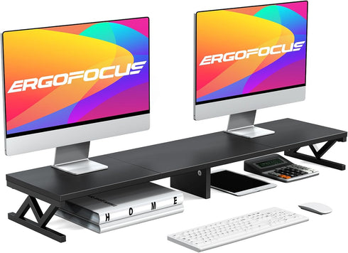 Dual Monitor Stand Riser, Large Wood Monitor Riser for 2 Monitors with Storage, Sturdy Wood & Steel Desktop Organizer
