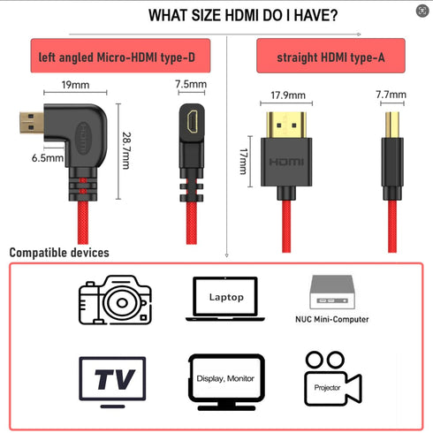 HangTon 8K 4K 60p A7C R6 XT30II, S9 Left Angle Micro HDMI to HDMI Coiled Cable for Ninja V Monitor, Sony R, Canon mkII