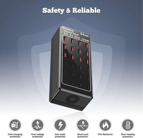 USB Charging Station Block, 24-Port 100W USB A Charger Block, Fast Charger Desktop Station for Apple iPhone, iPad,