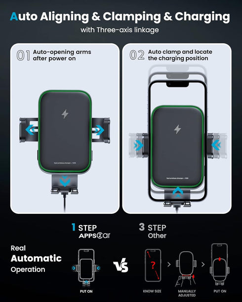 APPS2Car Dual Coil Wireless Car Charger Auto Clamping 15W Cup Holder Phone Mount for iPhone 16 15 14 13 Samsung
