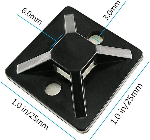 HS Cable Tie Mounts - Self Adhesive with Screw Hole, Zip Wire Tie Mounting Base Holder (100 Pack) Squares 1x1 Inch,
