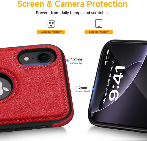 Classy Design Luxury Leather Ultra Slim Phone Case for iPhone XR, Full Body Non-Slip Grip 6.1 Inch (Red)