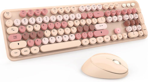 KOOTOP Wireless Keyboard and Mouse, 2.4G Cute Keyboard with Retro Round Keycap for PC, Mac, Laptop, Tablet (Milk Tea)