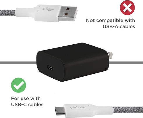 Cordinate 1 USB-C Port Wall Charger, 20W Power Delivery Fast Charge, Compact, Great for Travel, Compatible with Apple,