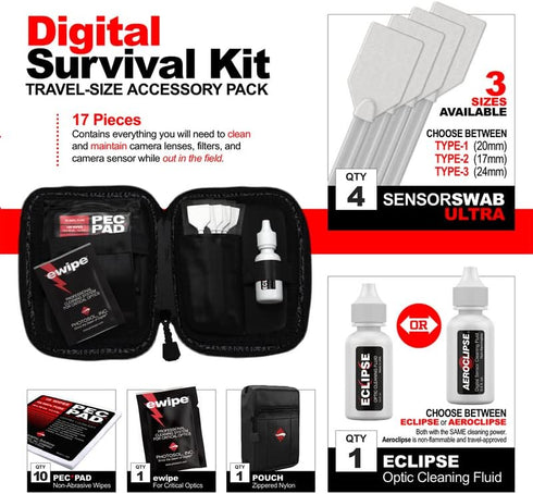Photographic Solutions Digital Survival Kit - Type-2 Sensor Swabs, PEC-PAD Wipes, E-Wipe, Eclipse Fluid