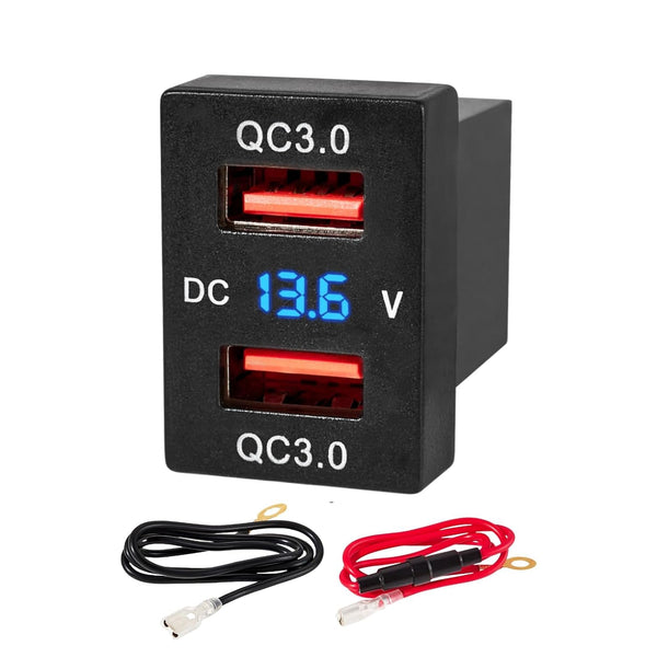 Anina Dual USB Charger Port for Toyota, 12V/24V 18W Quick Charger Socket Adapter with Digital Voltmeter Blue LED Light,
