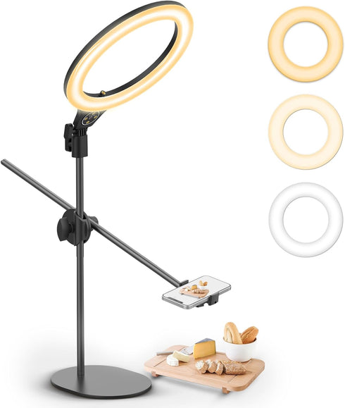 ULANZI Overhead Phone Mount with 10" Selfie Ring Light, Tabletop Light Stand with 360° Shooting Arm for Video Recording