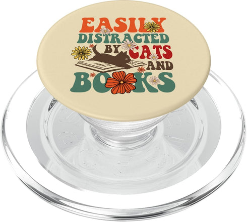 Cute Book Lover PopSockets PopGrip for MagSafe, Groovy Easily Distracted by Cats and Books