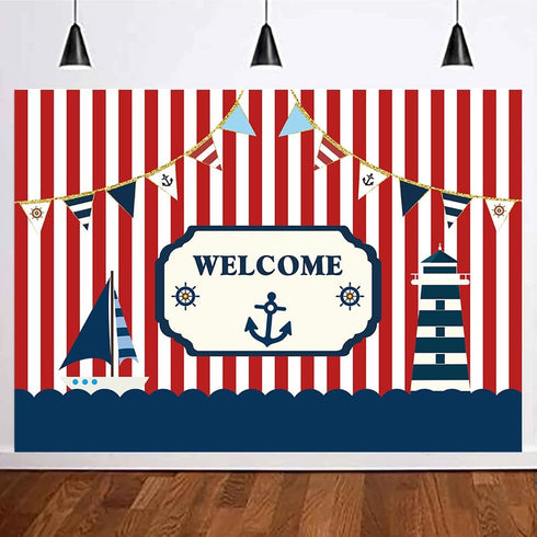 Fanghui 8*6ft Nautical Theme Party Photography Backdrop Red White Striped Marine Voyage Boat