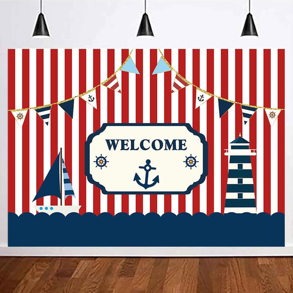 Fanghui 8*6ft Nautical Theme Party Photography Backdrop Red White Striped Marine Voyage Boat