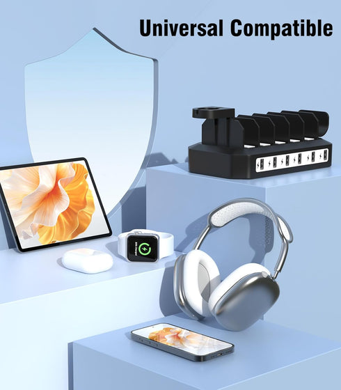 6-Port USB Charging Station, 60W Fast Charging Station for Multiple Devices with Apple Watch Holder & 6 Cables,