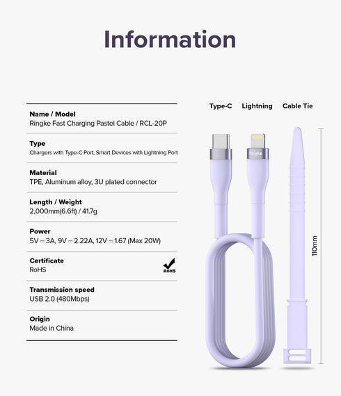 Ringke USB C to Lightning Charger Cable (2M / 6.56 FT) for Fast Charging, High Speed Data Transfer Pastel Cord