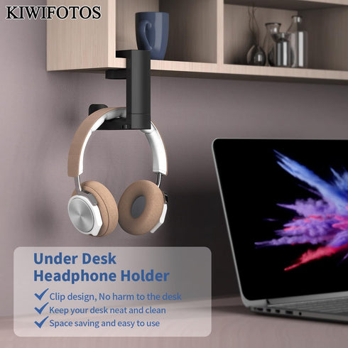 KIWIFOTOS Headphone Stand Holder Under Desk, PC Gaming Headset Hook Hanger Mount with 360 Adjustable Rotating Arm Clamp & Built in Cable Clip - Black by KIWIFOTOS