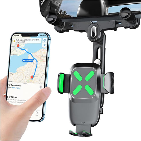 Car Rear View Mirror Phone Holder, 360° Rotatable & Retractable Clip Mobile Mount, Multifunctional GPS Holder, Universal