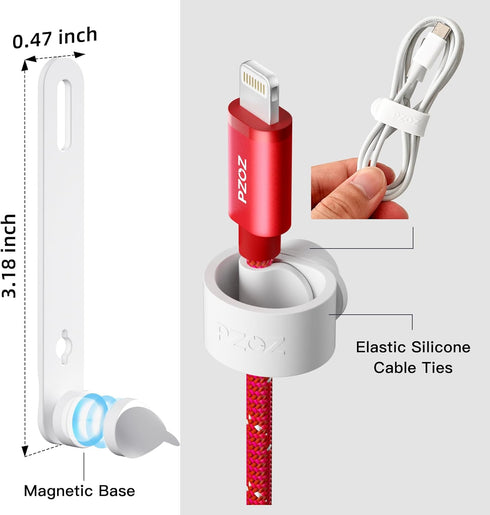PZOZ (5 pcs) Reusable Magnetic Cable Ties, Elastic Silicone Cord Organizer Straps Keeper Management Holder for iPhone Charging Cable Charger Wire Labels Desk Car and Travel Accessories (White)