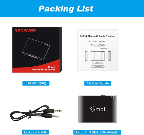 Smof Premium 30 Pin Bluetooth Adapter, Replace iPod/Phone/JBL/Car, Bluetooth Audio Receiver 3.5 mm AUX Output