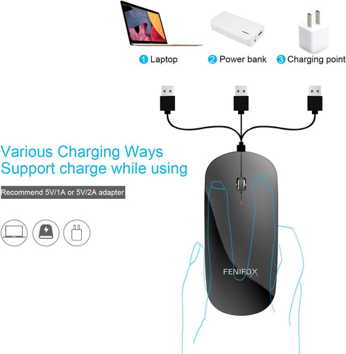 FENIFOX Slim Mini Bluetooth Mouse - Whisper-Quiet Portable Wireless Mice, Rechargeable, Compatible with Laptop, PC,