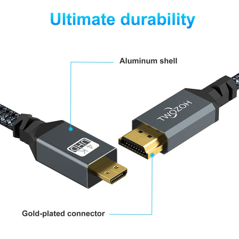 Twozoh 4K 25FT, 3D 4K/60Hz 1080p Long Micro HDMI to HDMI Cable High-Speed Full HDMI to Micro HDMI Braided Cord Support