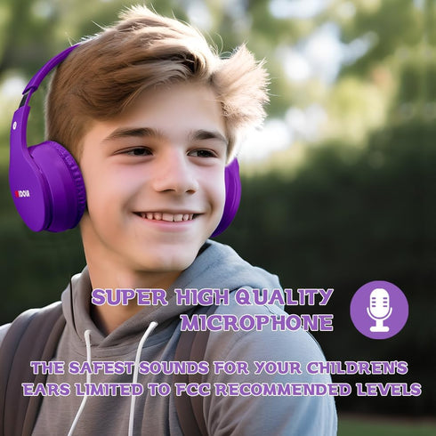 Kids Headphones Bluetooth 5.3 Wireless 60H Play Time Volume Limit 85/110dB Over Ear Foldable Protection Headset/Wired AUX Cord Mic for Child Boy Girl Travel School Phone Pad Tablet Purple