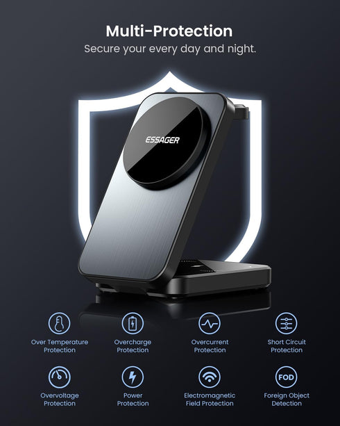 ESSAGER 3 in 1 Foldable Travel Wireless Charger, 15W Magnetic Charging Station for iPhone 16/15/14/13/12 Series, 20W