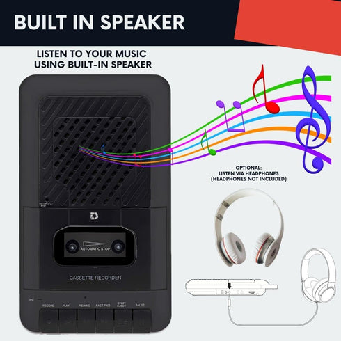 Portable Cassette Player Tape Recorder, Record to Cassettes via Mic or Aux, Built-in Speaker, Includes External Mic,