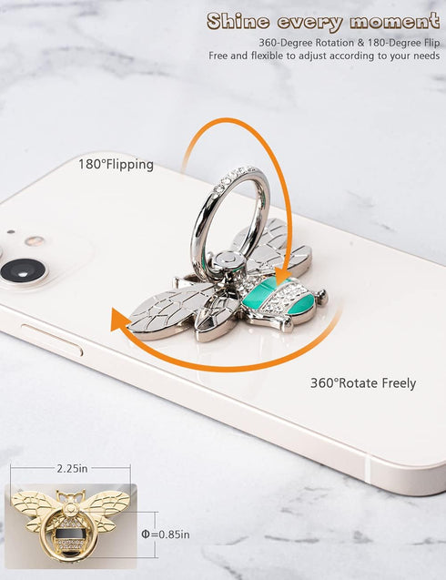 Allengel Bee Phone Ring Holder, Cute Finger Kickstand with Crystal for iPhone or Smartphone Cases, Silver Turquoise