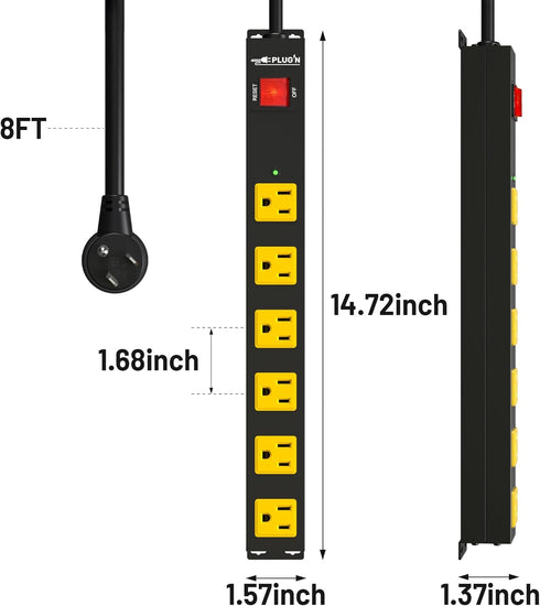 Power Strip with 2700J Surge Protector, 8FT Cord, Flat Plug, 6 Outlet Metal Strip for Garage and Kitchen