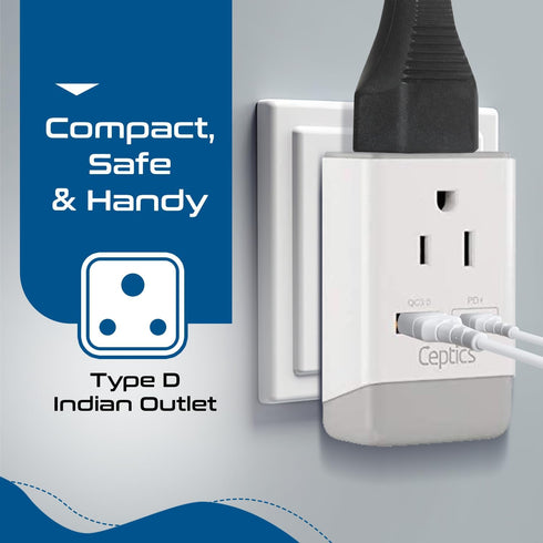 Ceptics US to India Plug Adapter, Type D QC 3.0 & PD, Safe USB Fast Charging for Pakistan Nepal Sri Lanka