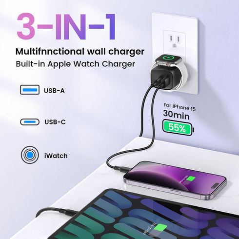 Apple Watch Charger with 20W Fast Charging Block, 3 in 1 PD USB C Wall Charger for iWatch Series Ultra/9/8/7/6