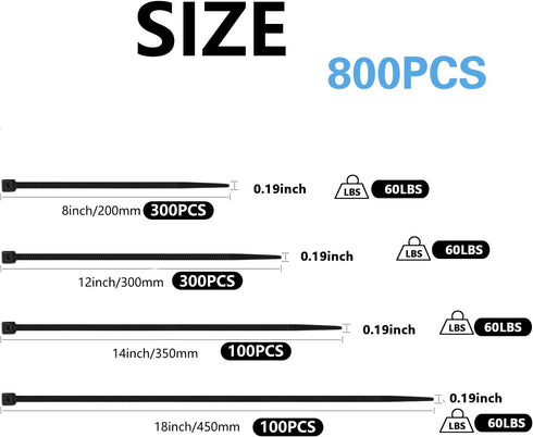 MasiStranth 800 8+12+14+18 Inch PCS Black Zip Ties Assorted Sizes Self-locking Nylon Cable ties Heavy Duty Outdoor, UV