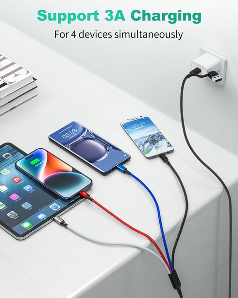 HanCenDa 4 in 2 Multi Charging Cable, 3Pack 6FT Multi Chargers for All Devices Nylon Braided USB A/C to 2*Lighting/Typc C/Micro USB Port Universal Multi USB Charger Cable for iPhone 15