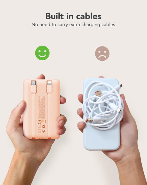 Mini Portable Charger 10000mAh with Built-in Cables, 22.5W Fast Charging Power Bank USB-C, Slim Battery Pack for