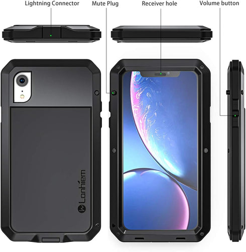 Lanhiem iPhone XR Metal Case, Heavy Duty Shockproof Rugged Full Body Cover with Built-in Glass Protector, Black