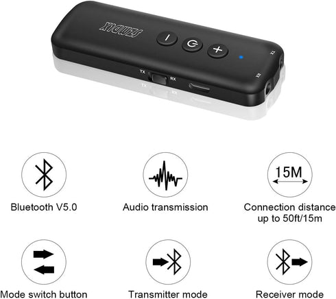 Bluetooth 5.0 Transmitter 3 in 1,Bluetooth Receiver,Wireless Adapter, Bluetooth Audio Adapter with 3.5mm AUX Stereo Output for TV, PC, car, Headset, Headphone, Earphone, Earbud
