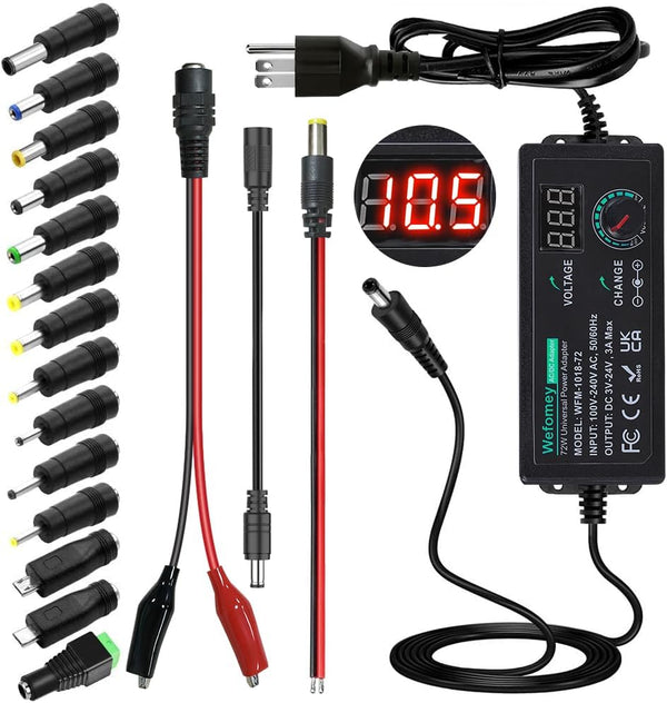 Universal Power Supply 3V~24V 3A 72W Adjustable AC/DC Adapter Charger, 100V-240V AC to DC Converter with 14 Tips
