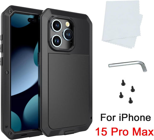 Marrkey iPhone 15 Pro Max Case, 360 Full Body Protective Heavy Duty Shockproof Aluminum Alloy with Screen Protector