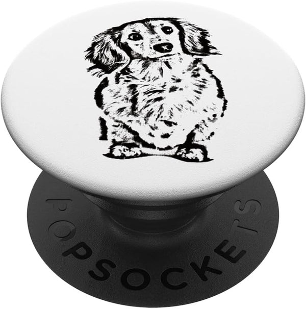 PopSockets Standard PopGrip - Long Haired Dachshund Cute Doxie Wiener White Black