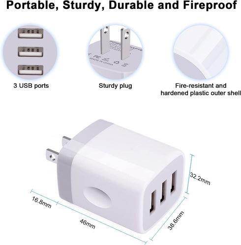 USB Wall Charger Adapter 18W/3Amp Fast Multiple 3-Ports Plug Charger Block Cube Box USB Brick Charging Base Compatible