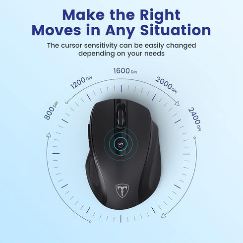Wireless Mouse, D-09 USB Cordless Mice for Laptop, Ergo Grips, 5-Level 2400 DPI, Portable for PC