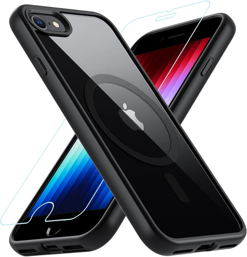 BESINPO Military Drop Shockproof Magnetic Case for iPhone SE 2022/2020/8/7, Black, with Tempered Glass Protector,