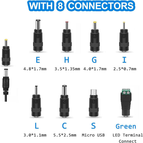 12V 2A Power Supply, Universal Adapter with 8 Selectable Plugs for LED Power Supply, CCTV Camera, BT Speaker, Router
