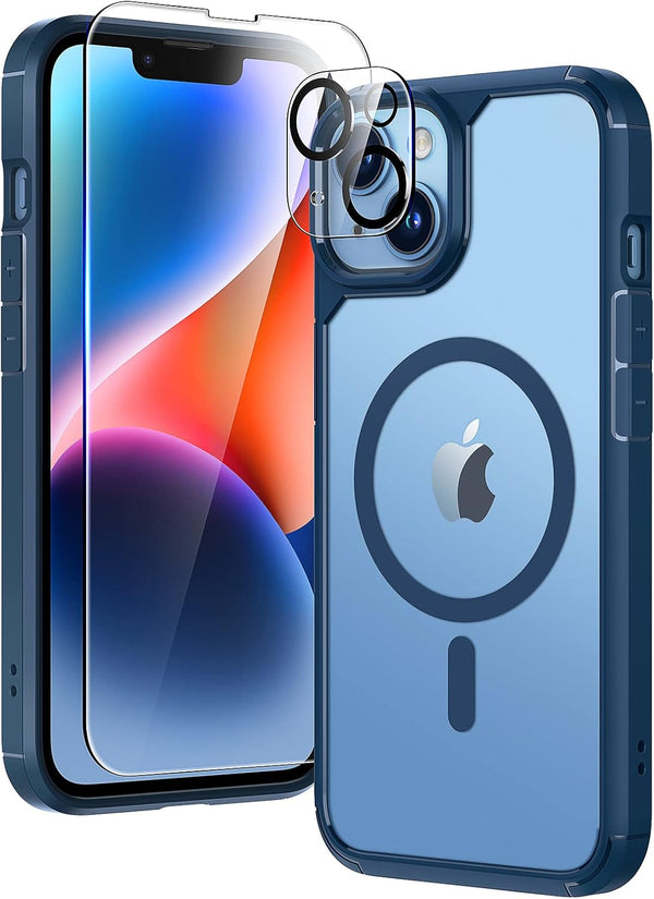TAURI 5-in-1 Shockproof Case for iPhone 13/14, MagSafe Compatible, Blue + 2 Screen & Camera Lens Protectors.
