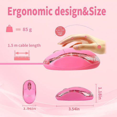 SOON GO Pink Computer Mouse with 1.5m USB Cable, Compatible with Windows, Mac, Ideal for Office, Home, Kids