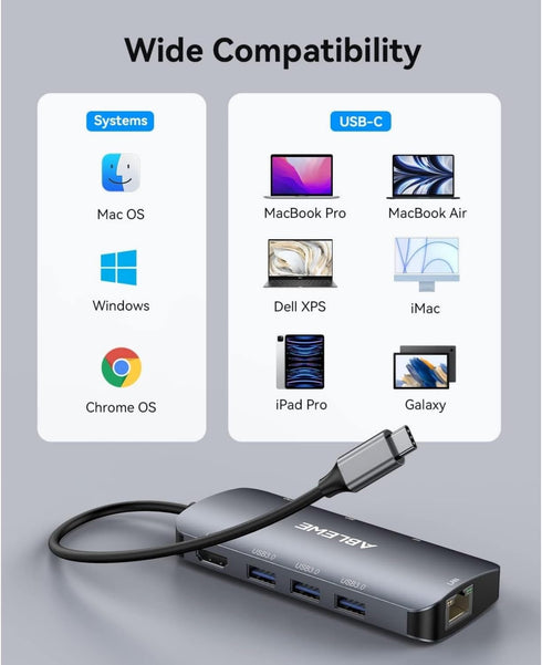 ABLEWE 8 1 4K@60Hz Adapter,1000Mbps, 100W 3 3.0 USB C Hub Ethernet, Multiport USB C to HDMI Hub, in USBC PD, USB Ports