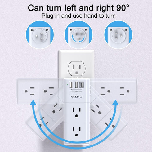 USB Multi Plug Outlet Extender, YISHU Surge Protector with Rotating Plug, 6 AC Plug Extender with 3 USB