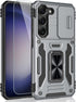 Samsung Galaxy S23 Case, Gray Shockproof Phone Case with Sliding Camera Cover & Rotatable Ring Holder + Screen Protector