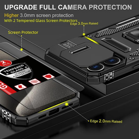 iPhone 15 Pro Kickstand Case with Slide Camera Cover & 360° Ring Stand, plus 2 Tempered Glass Screen Protectors, Black.