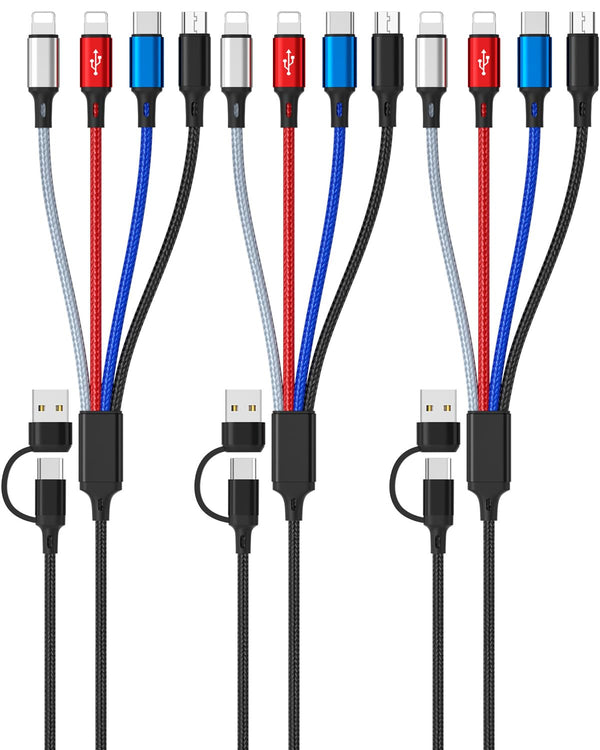 HanCenDa 4 in 2 Multi Charging Cable, 3Pack 6FT Universal Multi USB Charger Cable for All Devices Nylon Braided USB A/C